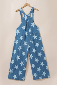 star-print-buttoned-strap-pleat-wide-leg-denim-overall