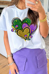 Trendy Women's White T-Shirt with Colorful Heart Print - Perfect for Mardi Gras Celebrations and Everyday Chic Style