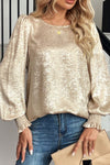 Elegant Women's Apricot Metallic Long Sleeve Blouse with Smocked Details - Chic Round Neck Top for Stylish Looks