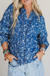 Women's Blue Floral Print Denim Shirt with Frilled Trim and Long Sleeves - Stylish Casual Fit for Everyday Wear
