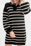 Elegant Women's Black Striped Polo Mini Dress with Puff Sleeves for Stylish Comfort and Versatile Everyday Wear