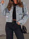 Starry Night Blue Pearl Embellished Cropped Denim Shacket