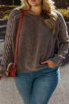 Plus Size Women's Cozy Dark Brown Textured Knit Sweater with Stylish Cable Patchwork Sleeves for a Chic Look
