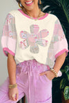 Beige Floral Patchwork Relaxed Top for Women with Big Flower Accent - Stylish and Comfortable Casual Wear