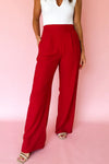 Chic Fiery Red High-Waisted Pleated Straight-Leg Pants for Women - Comfortable Elastic Fit for Effortless Everyday Style