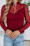 Stylish Women's Red Sheer Long Sleeve Top with Textured Knit and Lace Details - Perfect for Versatile Occasions