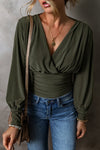 Moss Green Long Sleeve Ruched Wrap Bodysuit for Women - Chic, Comfortable Fit Perfect for Casual or Dressy Occasions