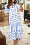 Chic Sky Blue Striped Half Sleeve Dress with Ricrac Trim - Perfect Vacation Outfit for Trendy Women