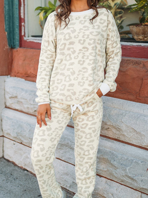 Leopard Print Cozy Lounge Set with Drawstring Pants