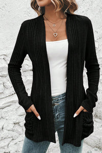 Black Ribbed Open Front Knitted Top with Pockets
