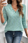 Women's Stylish Moonlight Jade Long Sleeve V-Neck Knit Top with Button Details - Comfortable Everyday Fit