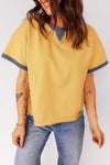 Women's Casual Banana Cream Short Sleeve Loose Fit Top with Contrast Trim & Raw Hemline - Effortlessly Chic Style