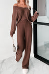 Women's Stylish Coffee Wide Rib Knit V-Neck Pullover and Loose Fit Pants Set - Cozy Loungewear for Relaxation