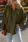 Women's Cozy Moss Green Waffle Knit Half-Zip Sweatshirt - Stylish Patchwork Design for Casual Comfort