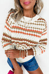 Cozy Women's Brown Stripe Eyelet Drop Shoulder Sweater - Chic Knit for Effortless Everyday Style