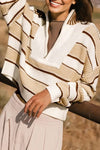 Chic Women's Cozy Khaki Stripe Half-Zip Sweater - Stylish Drop Shoulder Knitwear for Effortless Casual Looks