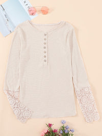 beige-crochet-lace-hem-sleeve-button-top