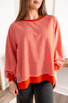 Women's Casual Orange Striped Knit Top with Ribbed Edges & Exposed Seams - Ideal for Everyday Style