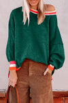 Cozy Women's Blackish Green Colorblock Striped Drop Shoulder Sweater - Stylish Layering Essential for Fall Fashion