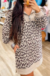 Women's Khaki Leopard Print Mini Dress with Zip-Up Collar and Patchwork Detail – Trendy Shift Style for Every Occasion