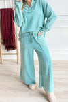 Women's Soft Blue Lapis Mineral Wash V-Neck Pullover & Drawstring Pants Set - Casual Ribbed Patchwork Outfit