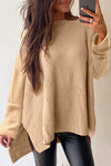 Cozy Women's Apricot Cable Knit Sweater with Drop Shoulders & Side Slits - Relaxed Fit for Effortless Fall Fashion