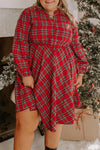 Plus Size Women's Elegant Red Plaid Long Sleeve Holiday Dress with Half Button Detail for Festive Seasonal Style