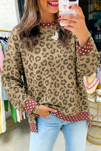 Chic Women's Brown Leopard Polka Dot Colorblock Long Sleeve Top - Trendy & Comfortable for Casual Everyday Style
