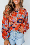 Women's Fiery Red Floral Ruffle Puff Sleeve Blouse - Chic Summer Top with Feminine Fit and Eye-Catching Design