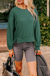 Women's Casual Evergreen Ribbed Sweatshirt with Drop Shoulders and Raw Seam Design for Effortless Comfort in Solid Color