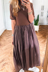 Women's Stylish Coffee Short Sleeve Knit Top with Patchwork & Pleated Long Skirt - Comfortable Dress for Everyday Wear