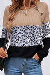 Stylish Women's Black Cheetah Print Button-Up T-Shirt with Textured Patchwork - Casual Fit Round Neck Top