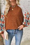 Women's Cinnamon Floral Patchwork Long Sleeve Blouse - Chic, Cozy Top for Effortless Everyday Style