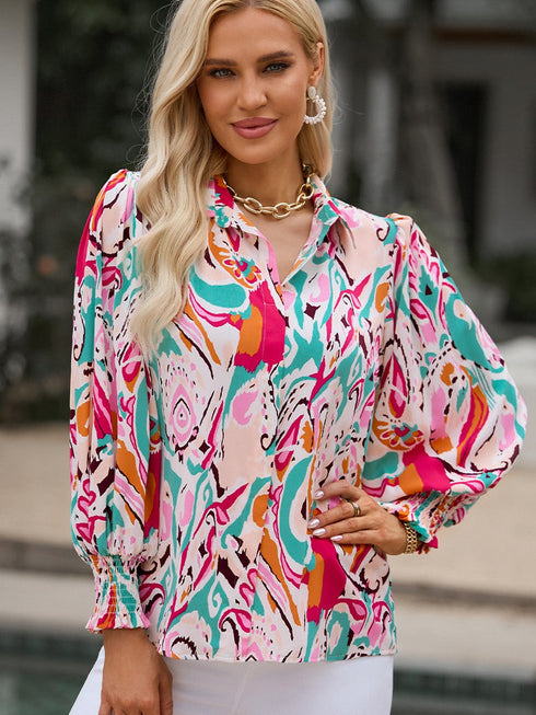 Casual Polo Printed Zipper Lapel Long Sleeve T-shirt