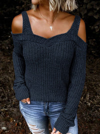 Elegant Navy Cold Shoulder Knit Sweater