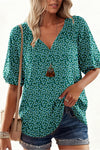 Plus Size Women's Green Boho Floral Short Sleeve Top with Notched V-Neck for Effortless Summer Style