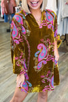 Women's Khaki Boho Velvet Mini Dress with V-Neck and Long Sleeves, Featuring Paisley Floral Print for Effortless Chic
