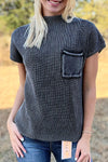 Women's Relaxed Fit Black Ribbed Knit Sweater with Patched Pocket - Casual Short Sleeve Mineral Wash Top