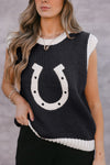 Women's Stylish Navy Blue Woven Sweater Vest with Horseshoe Trim - Comfortable Layering Essential for Every Wardrobe
