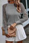 Women's Gray Striped Ribbed Long Sleeve Crewneck Top with Trendy Mesh Accents for Effortless Style and Comfort