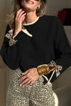 Chic Women's Black Leopard Print Sweater with Bow Detail, Split Cuffs & Contrast Trim for Trendy Fall Fashion