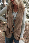 Cozy Women's Dark Khaki Sherpa Vest with Contrast Trim and Patch Pockets - Perfect Layering Essential for Fall