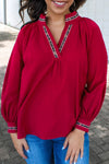Trendy Women's Racing Red Leopard Print V-Neck Blouse - Textured Fabric Top for Casual or Dressy Occasions