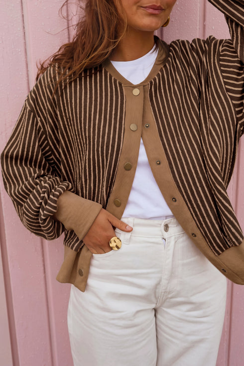 Women's Stylish Brown Stripe Long Sleeve V-Neck Cardigan - Chic Patchwork Design, Regular Fit for Everyday Comfort