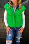Women's Cozy Green Color Block Zip-Up Winter Vest with Snap Buttons - Stylish Layering Essential for Cold Weather