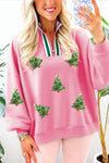 Sachet Pink Sequin Christmas Tree Graphic Sweatshirt for Women - Contrast Patchwork, Zip Collar, Cozy Fit