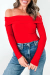 Women's Fiery Red Off-Shoulder Slim Fit Long Sleeve Top for Chic Casual Outings and Everyday Style