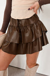 Trendy Women's Coffee Brown Faux Leather High Waist Tiered Mini Skirt for Casual Chic Outfits