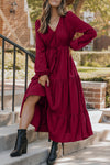 Elegant Burgundy Long Sleeve V-Neck Tiered Maxi Dress for Women – Flowy Fit Perfect for Parties and Special Occasions