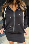 Women's Stylish Black Zip-Up Hoodie with Contrast Bow Embroidery - Casual Everyday Jacket for Comfort and Fashion